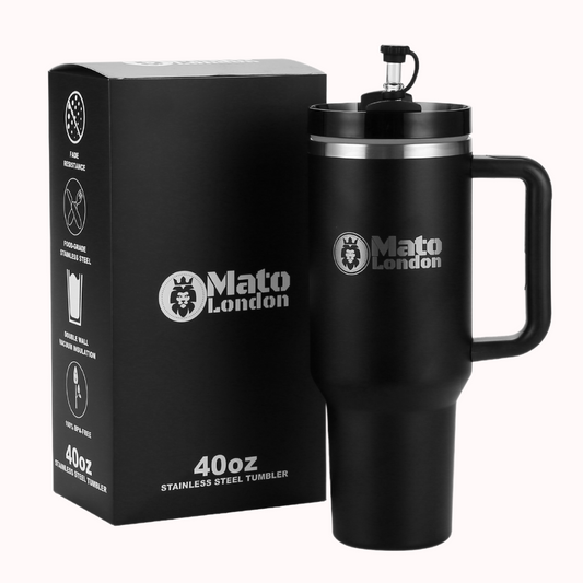 Mato London black 40oz insulated tumbler with handle and straw packaging