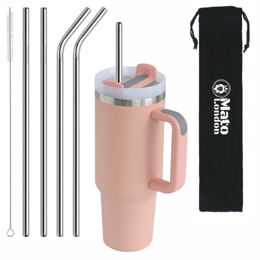 Mato London stainless steel straws with cleaning brush and black velvet pouch – reusable metal straws for Stanley Cup and 40oz tumblers.