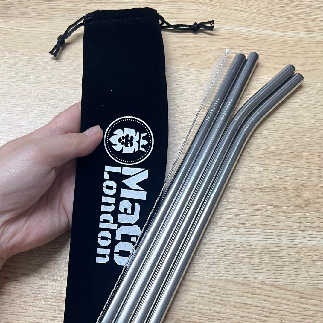 Mato London stainless steel straws with black velvet pouch – reusable, eco-friendly replacement straws compatible with 40oz Stanley tumblers.