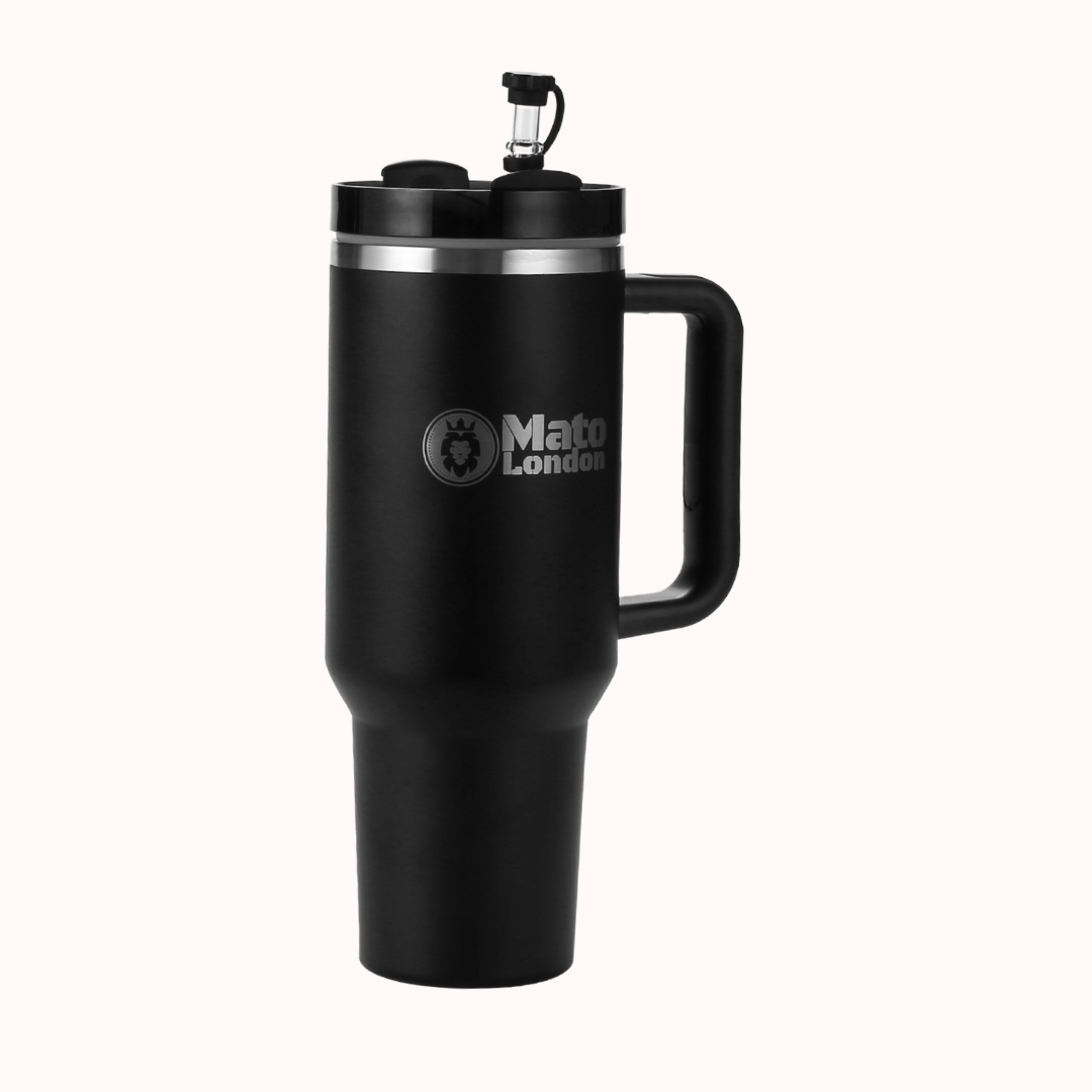 Black 40oz insulated tumbler with a leakproof rotating lid closed, standing upright