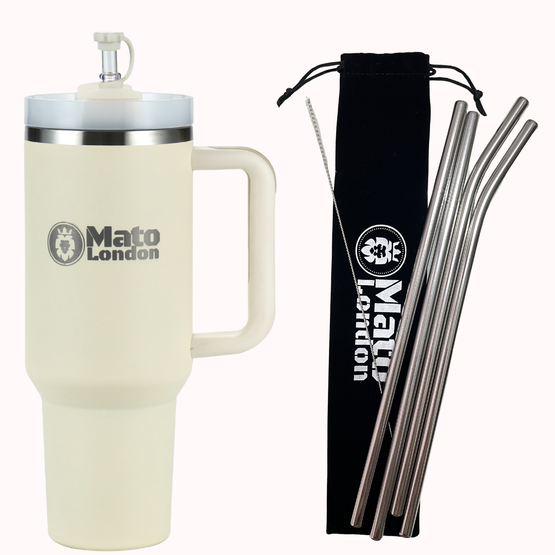 Cream 40 oz tumbler and replacement straws for stanley style tumblers in bundle