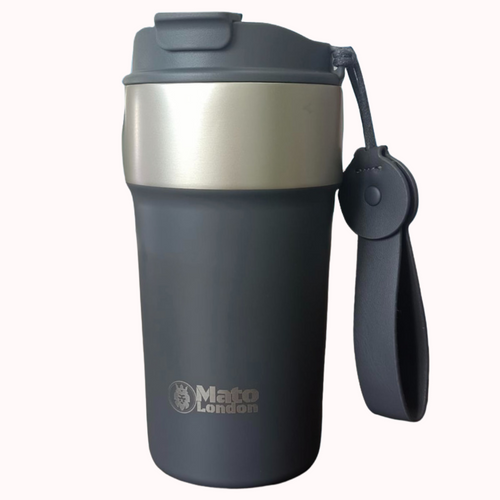 Mato London grey insulated stainless steel coffee cup with handle and silver band, leakproof travel mug for hot and cold drinks