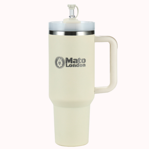 Cream 40oz stainless steel tumbler with handle and straw – Mato London insulated travel cup for hot and cold drinks