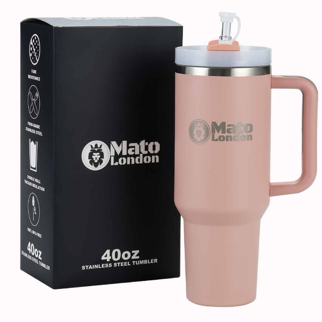 Peach pink 40oz insulated stainless steel tumbler with handle, reusable straw and leakproof lid by Mato London – perfect for daily hydration and travel.
