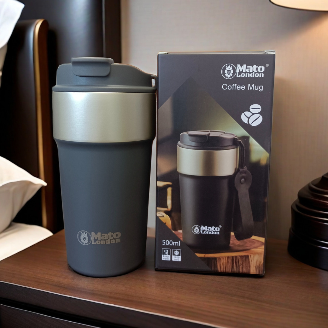 Mato London grey insulated stainless steel coffee mug with packaging box, reusable travel cup for hot and cold drinks