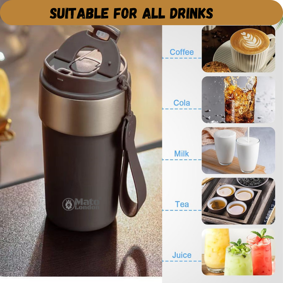 Mato London grey insulated stainless steel travel mug suitable for coffee, tea, milk, juice and cold drinks, reusable leakproof cup