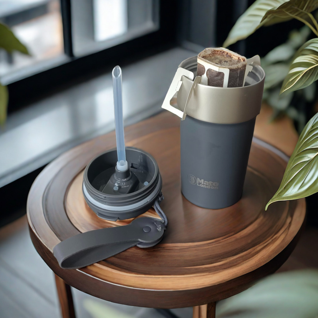 Mato London grey insulated stainless steel coffee cup with silver lid and handle, reusable leakproof travel mug for hot and cold drinks