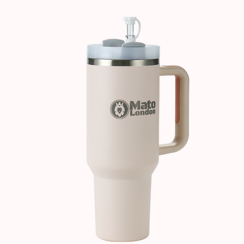 Rose pink 40oz insulated tumbler with handle and straw – leakproof stainless steel travel mug by Mato London